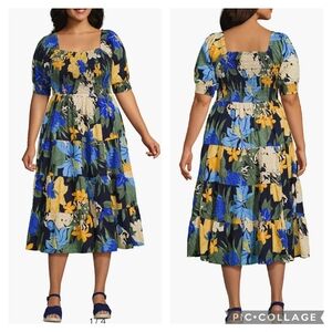 Lands' End Blue Yellow Floral Puff Sleeve Smocked Cotton Dobby Midi Dress 3X